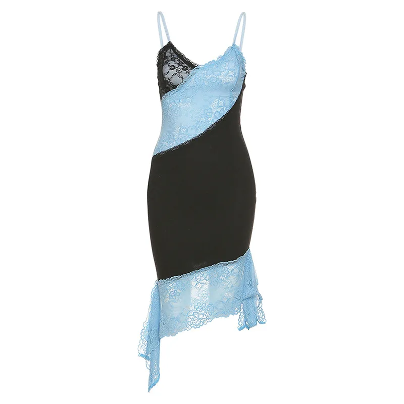

Sexy v neck lace midi bodycon dress women Backless Mermaid elegant party dress dress Patchwork black blue dress summer