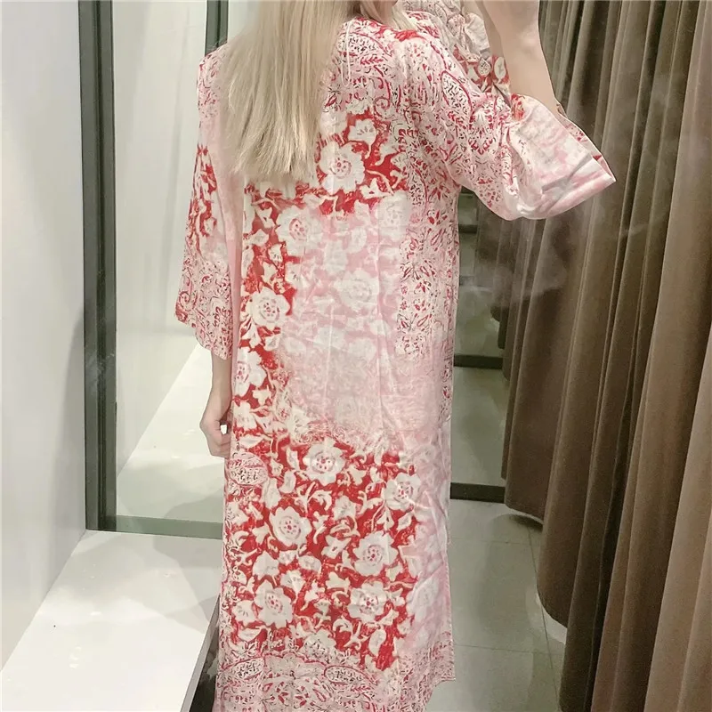 Женское платье-туника с цветочным принтом V-образным вырезом и разрезом | Женская