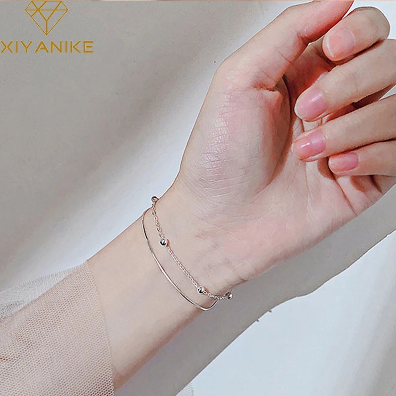 

XIYANIKESilver Color Snake Chain Simple Bead Double Layer Bracelet Charm Women Trendy Wedding Party Jewelry Adjustable