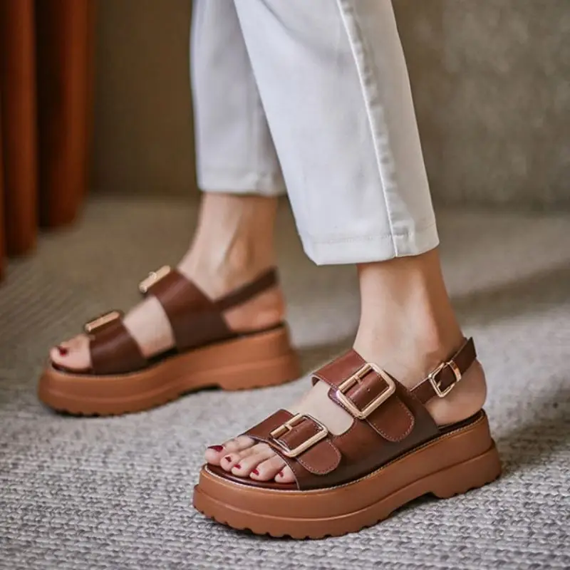 

KemeKiss High Quality Women Real Leather Shoes Sandals Buckle Strap Solid Color Buckle Thick Bottom Casual Footwear Size 34-42