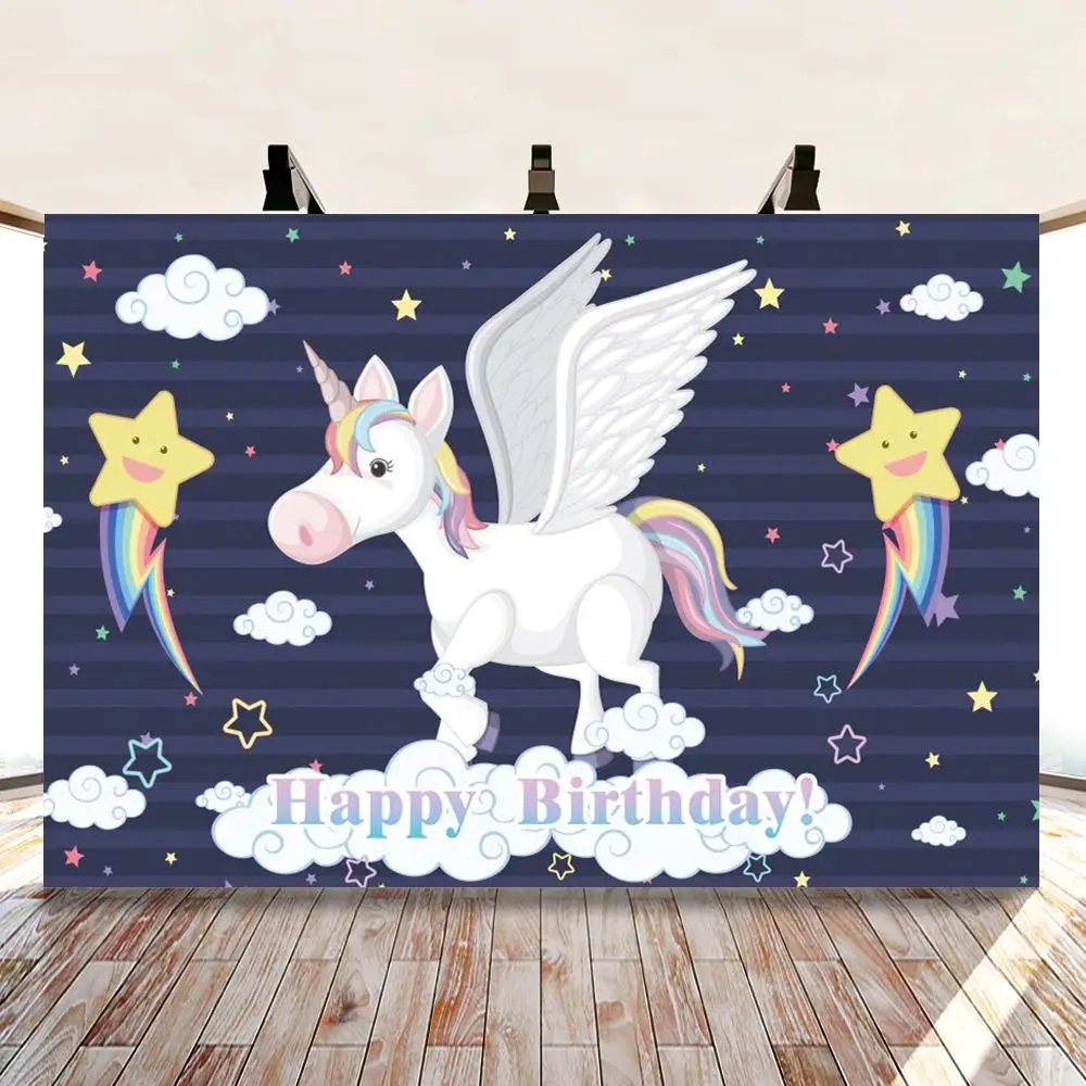 

Pegasus Baby Birthday Backdrops Photo Decor White Wings Unicorn On Clouds Glitter Stars Personalized Kid Photography Background
