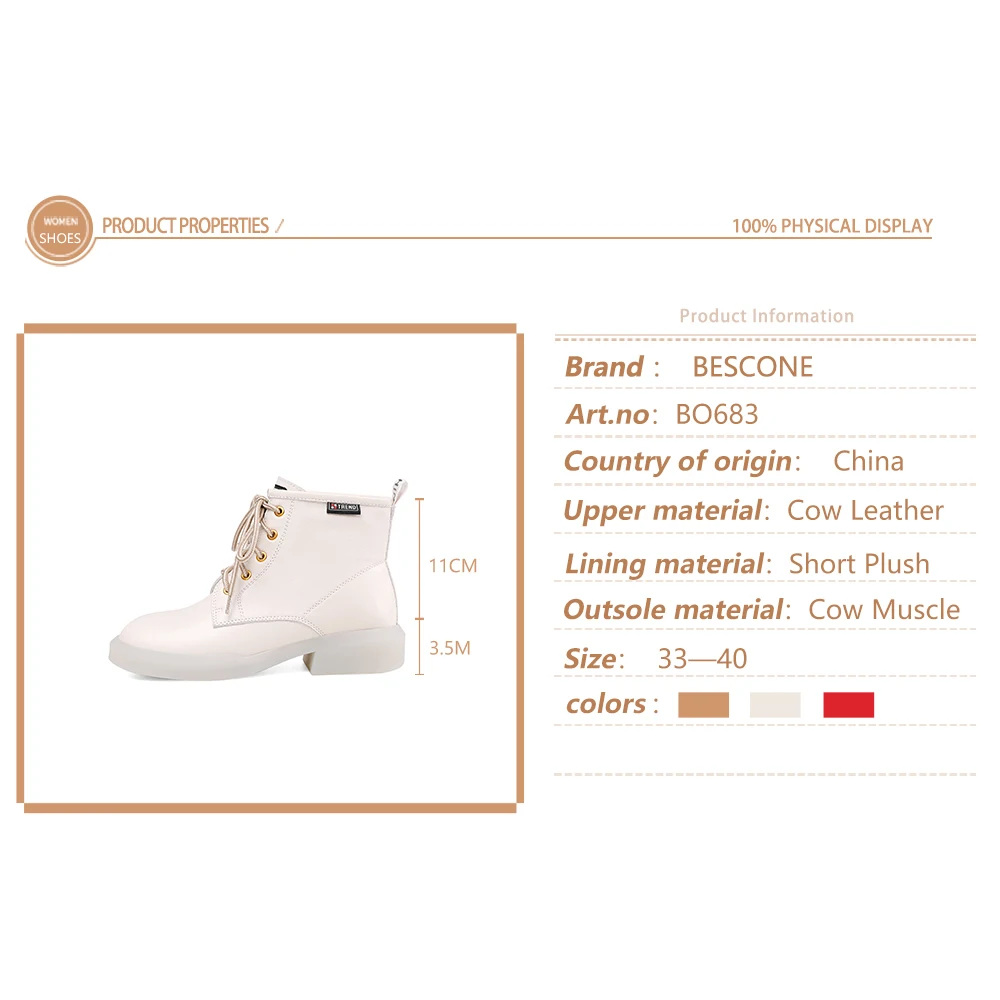 

BESCONE New Casual Ankle Boots High Quality Breathable Cow Leather Round Toe Low-Heel Women Shoes Warm Winter Ankle Boots BO683