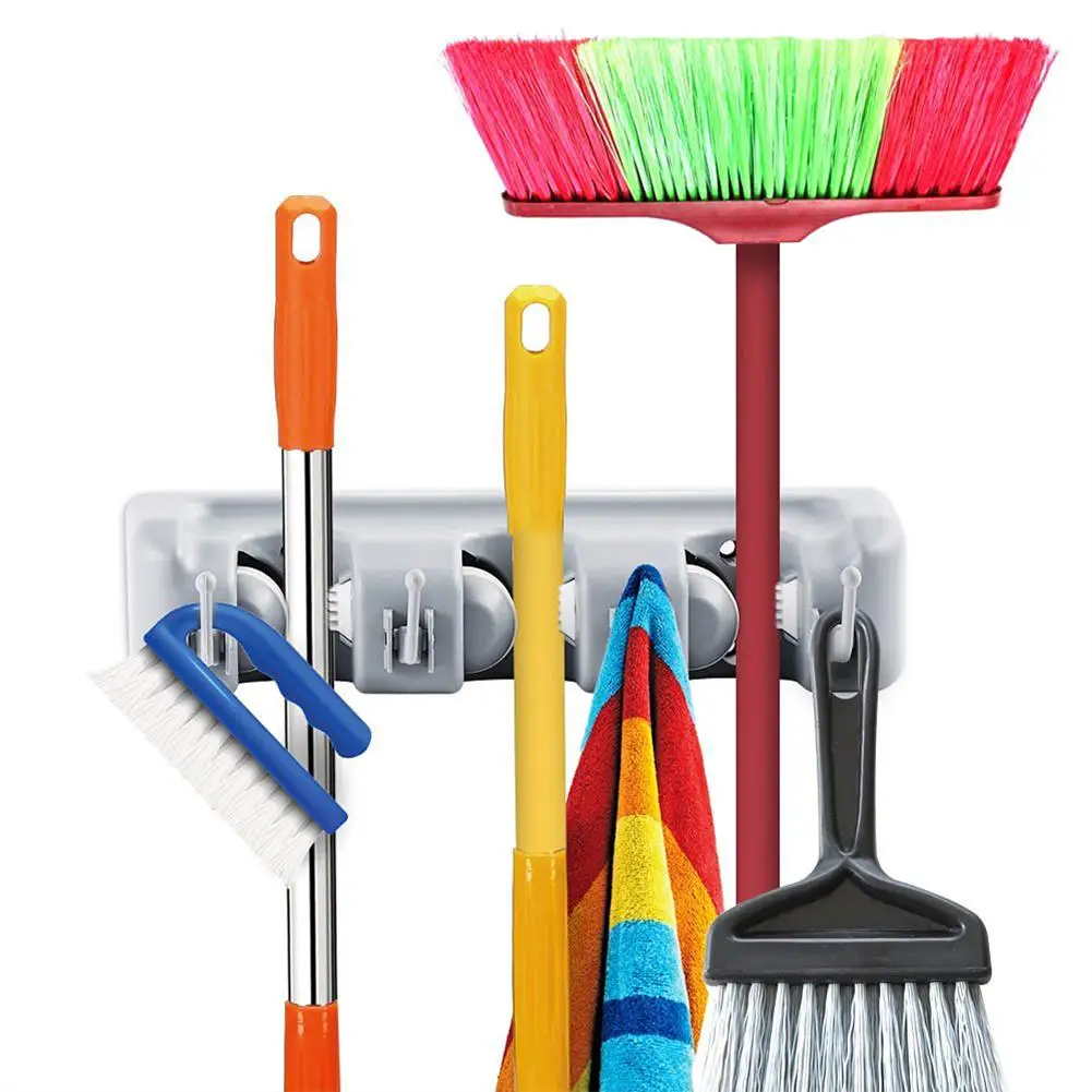 

Mop Rack Wall-mounted Storage Organizer Tool Household Kitchen Mop Broom Rack 4 Hooks 3 Holders