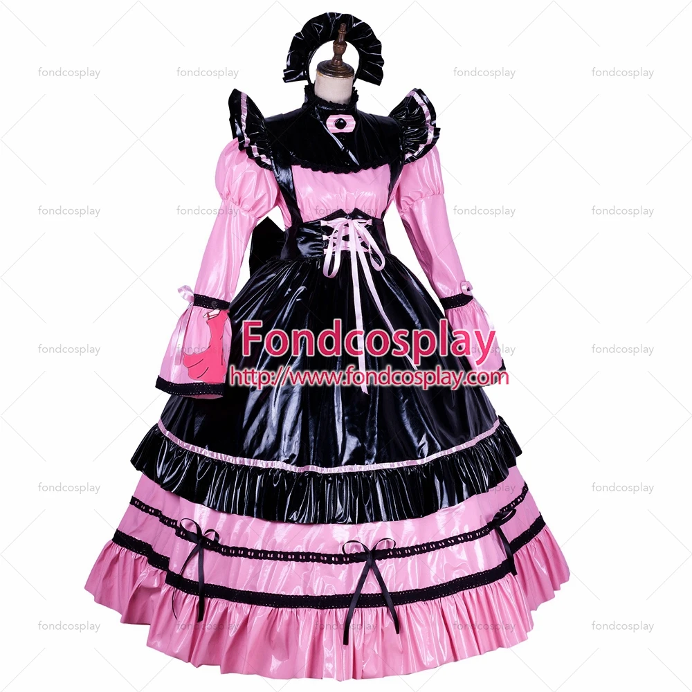 fondcosplay adult sexy cross dressing sissy maid long Lockable pink PVC Vinyl Dress Uniform black apron Tailor-made[G1763] |