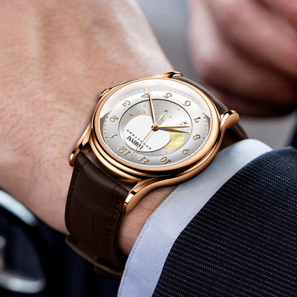 Часы moonphase Роскошные мужские часы LOBINNI Мужские автоматические механические