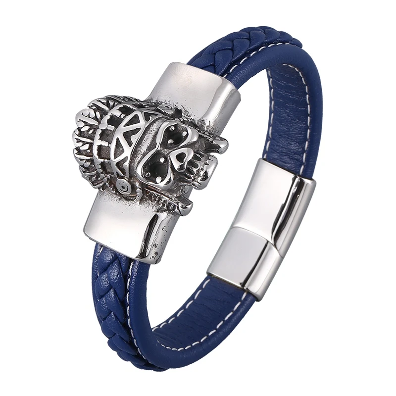 

Handmade Blue Leather Braided Bracelets Men Indian Skull Stainless Steel Magnet Clasp Wristband Male Punk Rock Jewelry PD0926