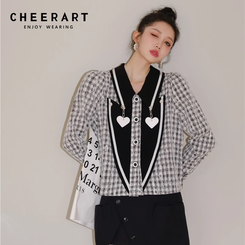 

CHEERART Vintage Puff Sleeve Plaid Button Up Shirt For Women Fall Fashion Long Sleeve Top And Blouse Heart Chain Crop Top Shirt