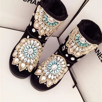 new handmade rhinestones gemstones thick non slip warm snow boots in the tube female leather boots cotton shoes boots