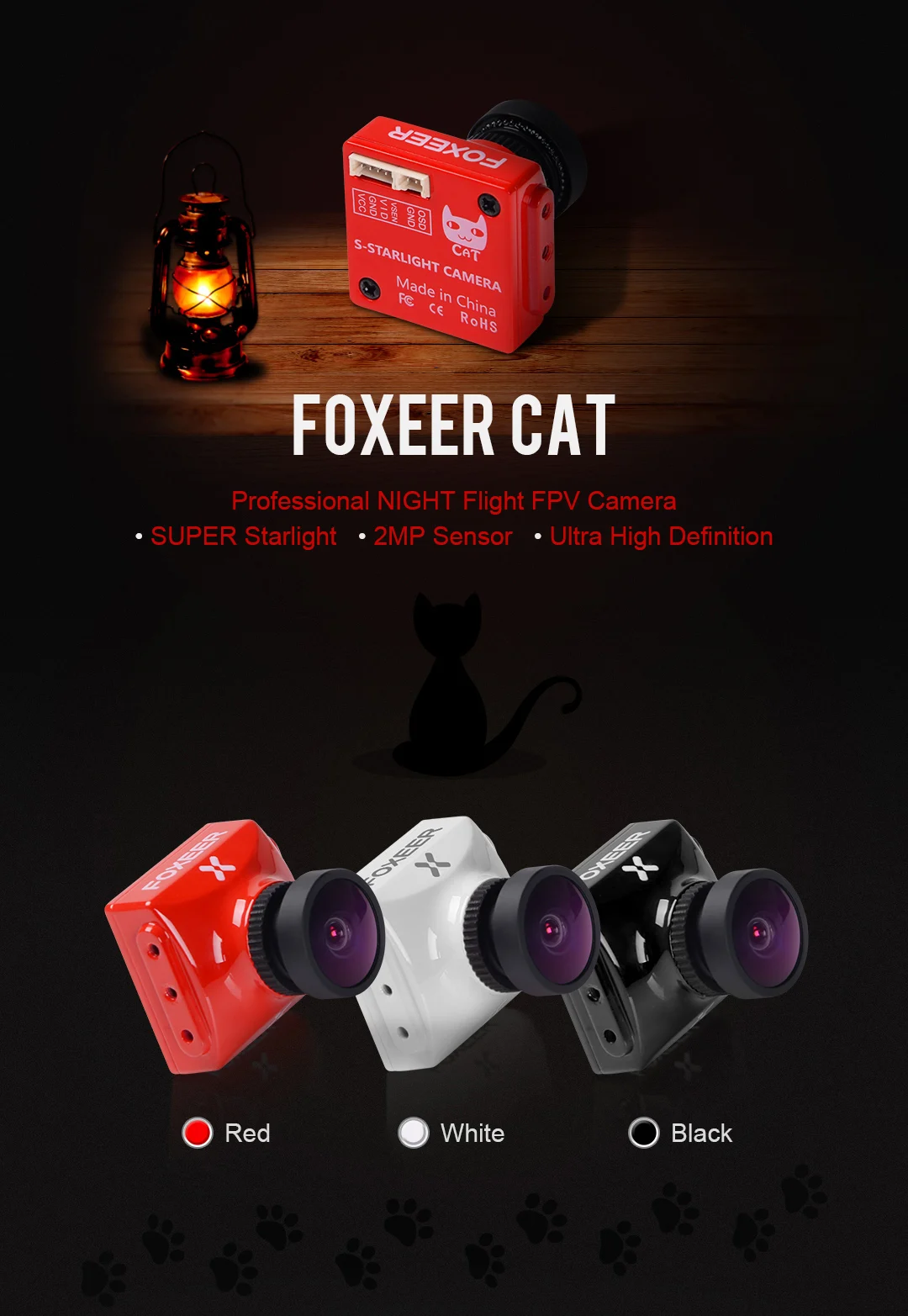 Foxeer CAT Super Starlight FPV ccarmara 0.0001lux baja latencia noche vuelo Cara FPV 16:9/4:3 PAL/NTSC conmutable soporte de 5-4