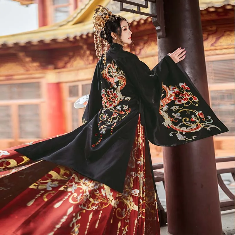 

Новая вышитая женская повседневная одежда Hanfu, традиционный китайский длинный халат династии Мин, юбка с конским лицом Hanfu, топы, юбка DQL5460