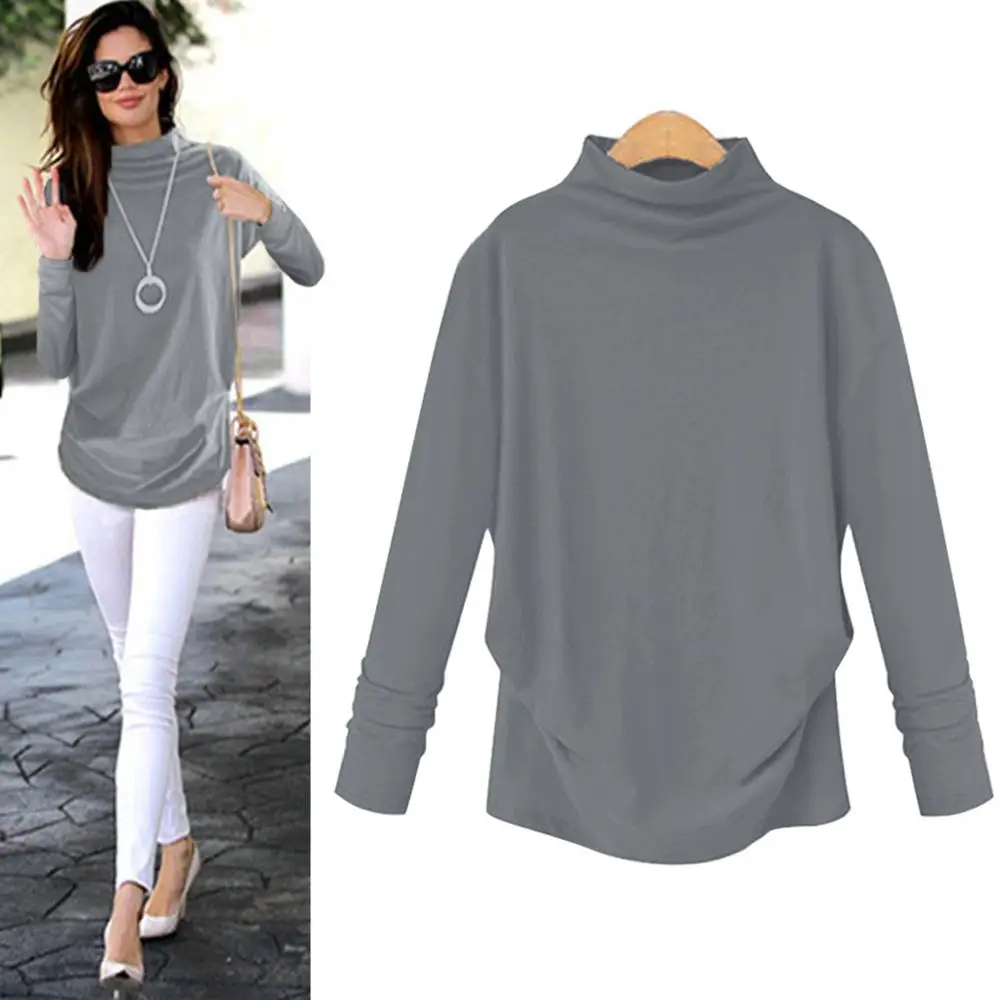 Футболка женская с высоким воротником и длинным рукавом однотонная Повседневная