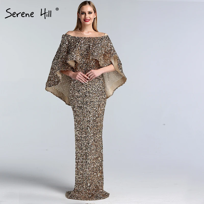 Женское вечернее платье Русалка Serene Hill роскошное Золотое с шалью и блестками