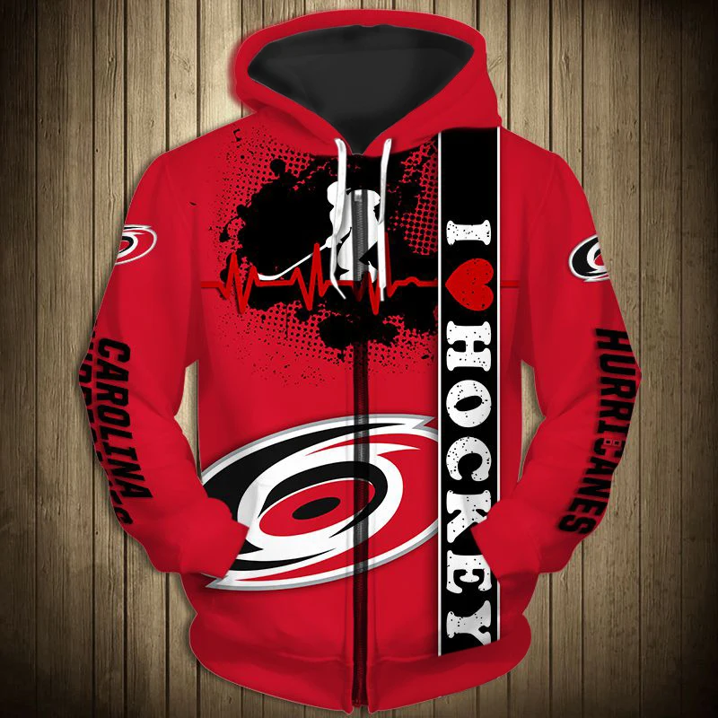 

Carolina men's fashion Long sleeve 3D Hurricanes Zip Hoodies Black and red stitching swirl love print Sweatshirt