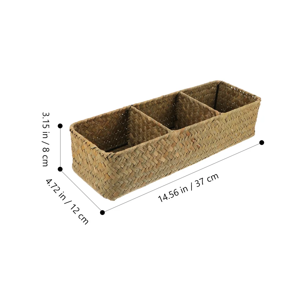 

1pc Sea Grass Woven Storage Box Home Sundries Organizer 3 Compartments Holder