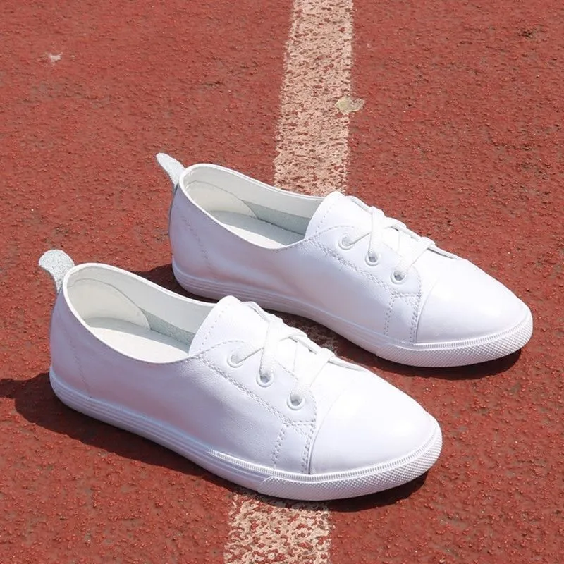 

Real Leather White Shoes Women Comfortable Sneakers 2020 Summer Autumn Casual slip-ons loafers Female White Flats Trainers N1-22