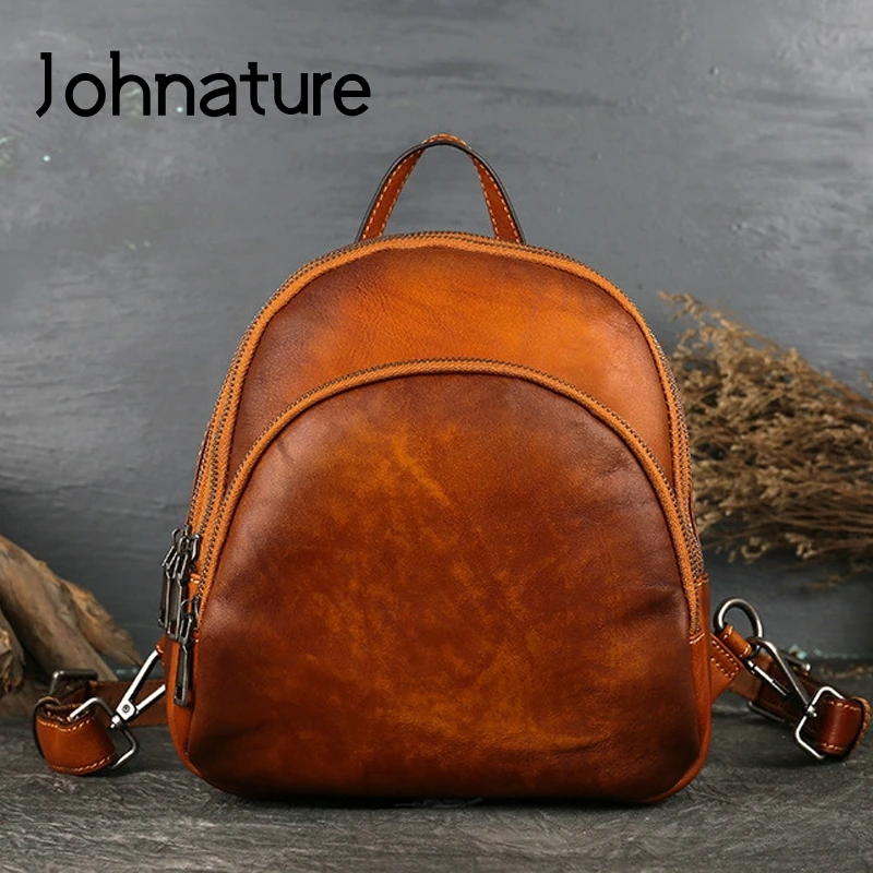 

Johnature High Quality Genuine Leather Shoulder Bag Women Backpack 2021 New Vintage Cowhide Solid Color Female Small Backpacks