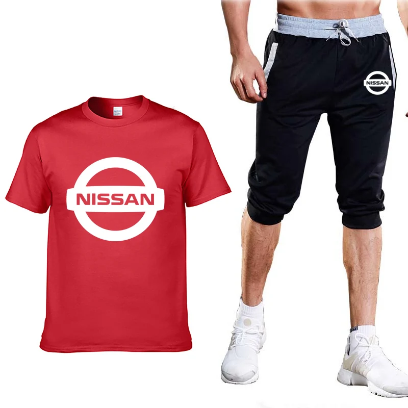 

Summer Men's Suit Nissan Car Logo Cotton Mens T-Shirt suits Mens Simple atmosphere Crew neck T-Shirt+Pants Suit 2Pcs