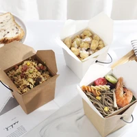 100pcs kraft paper carton lunch snack furit salad box disposable fast food pasta takeaway packaging box with plastic handle
