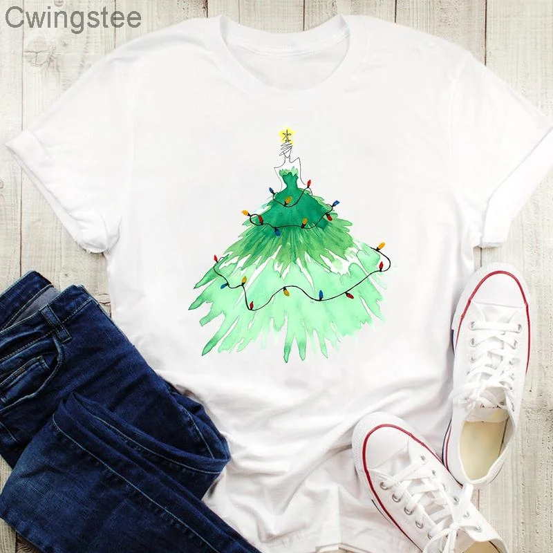 

Женская Акварельная 2022 Милая графическая Веселая футболка с рождественским рисунком, одежда, топы с принтом, женская футболка с коротким ру...