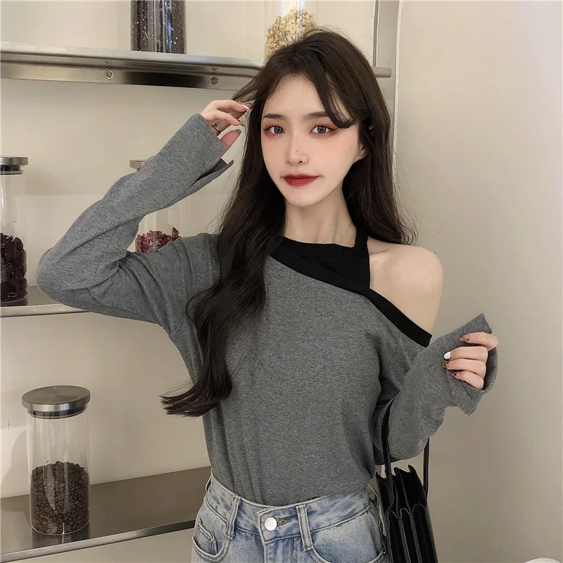 

Real Shot Cotton Spandex Fake Two Pieces Long-Sleeve T-shirt Women Off-The-Shoulder