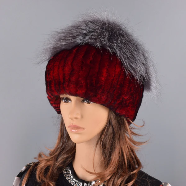 winter women hats fox rabbit fur pompom skullies beanies warm elastic fashionable fluffy thick outdoor stylish natural fur hats - Цвет: Red