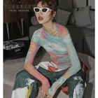 CHEERART, Осенние сетчатые топы, Женская 2020, футболка с длинным рукавом, Асимметричная футболка с абстрактным принтом, прозрачный топ