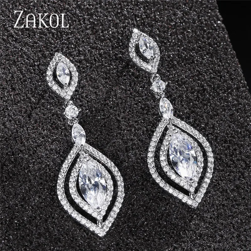 Классические серьги подвески ZAKOL с фианитом в виде маркиза полые длинные висячие