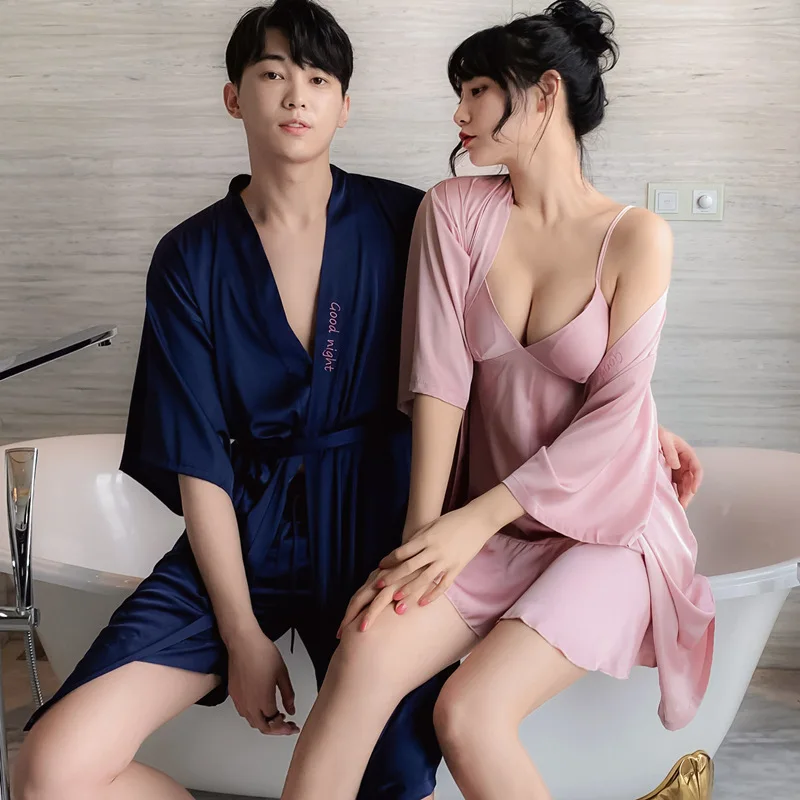 Летняя Пижама для пар Мужская пижама халат шорты ночная рубашка пикантная