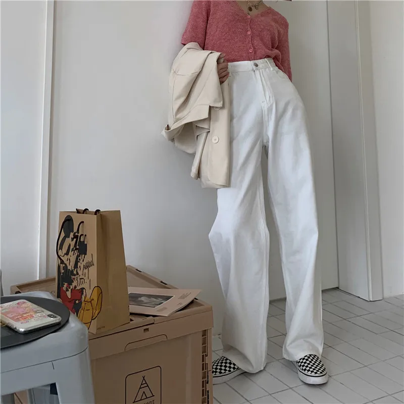 

High waist jeans female Korean streetwear fashion wide leg casual pants straight 2021 summer vintage ladies white denim