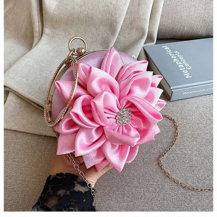 

Red Flower Wedding Crossbody Bag For Women Purse Round Evening Bag Crystal Diamond Wedding Silk Handbag Chain Shoulder Bags