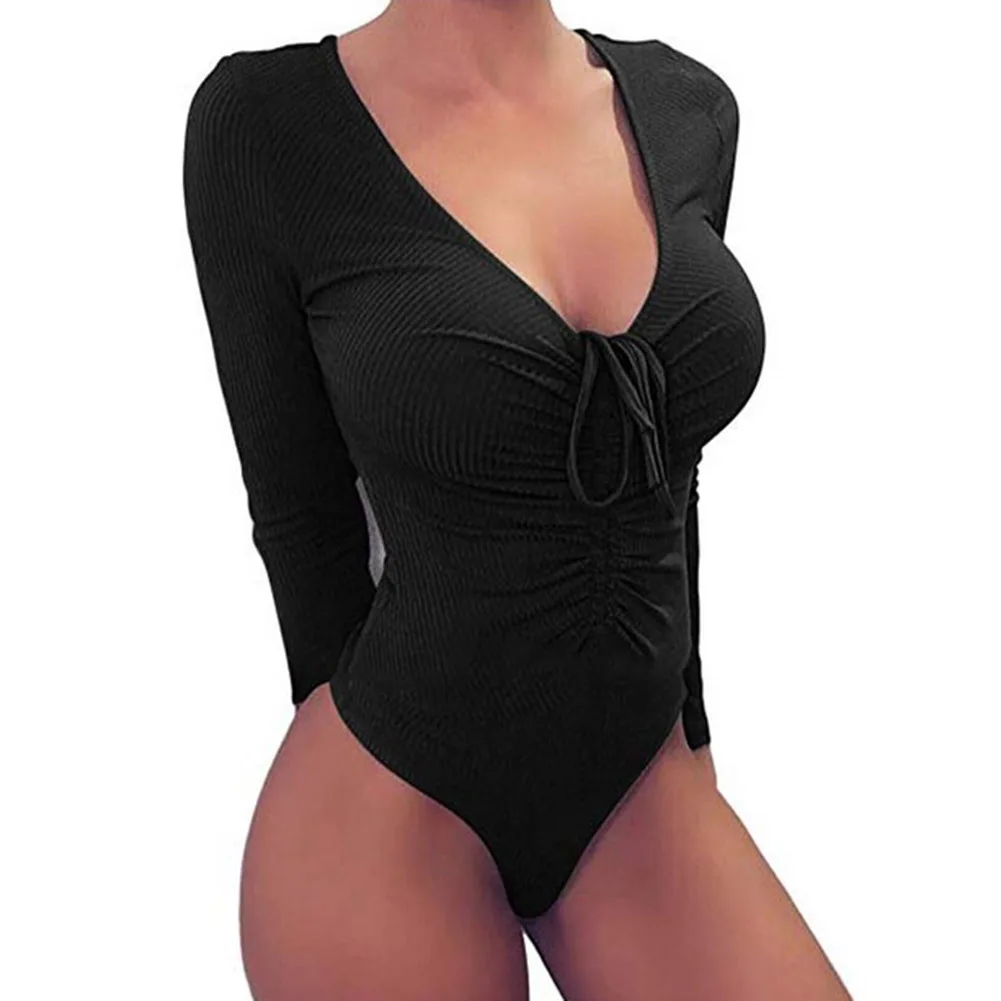 

2019 Women Smoke Plait Bandage Bodysuits Skinny Lace Up Knit Romper Long Sleeve V Neck Body Tops Solid Color Jumpsuit #20