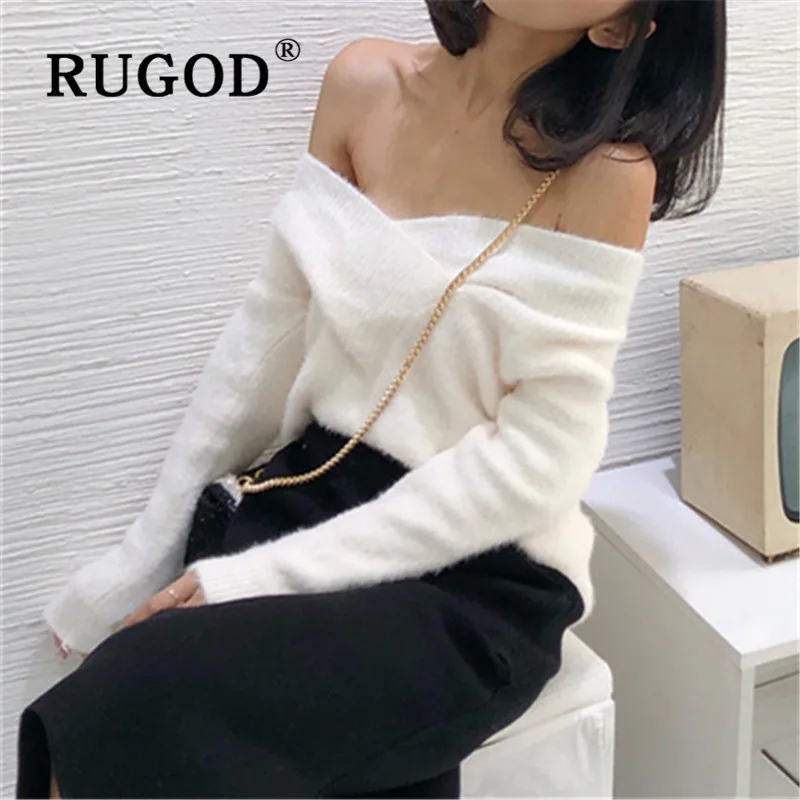 RUGOD Vintage One Shoulder Sexy Sweater Fuzzy Pullover Solid Jumper Winter Tops For Women Knitwear Stripe Plus Size Korean Style | Женская