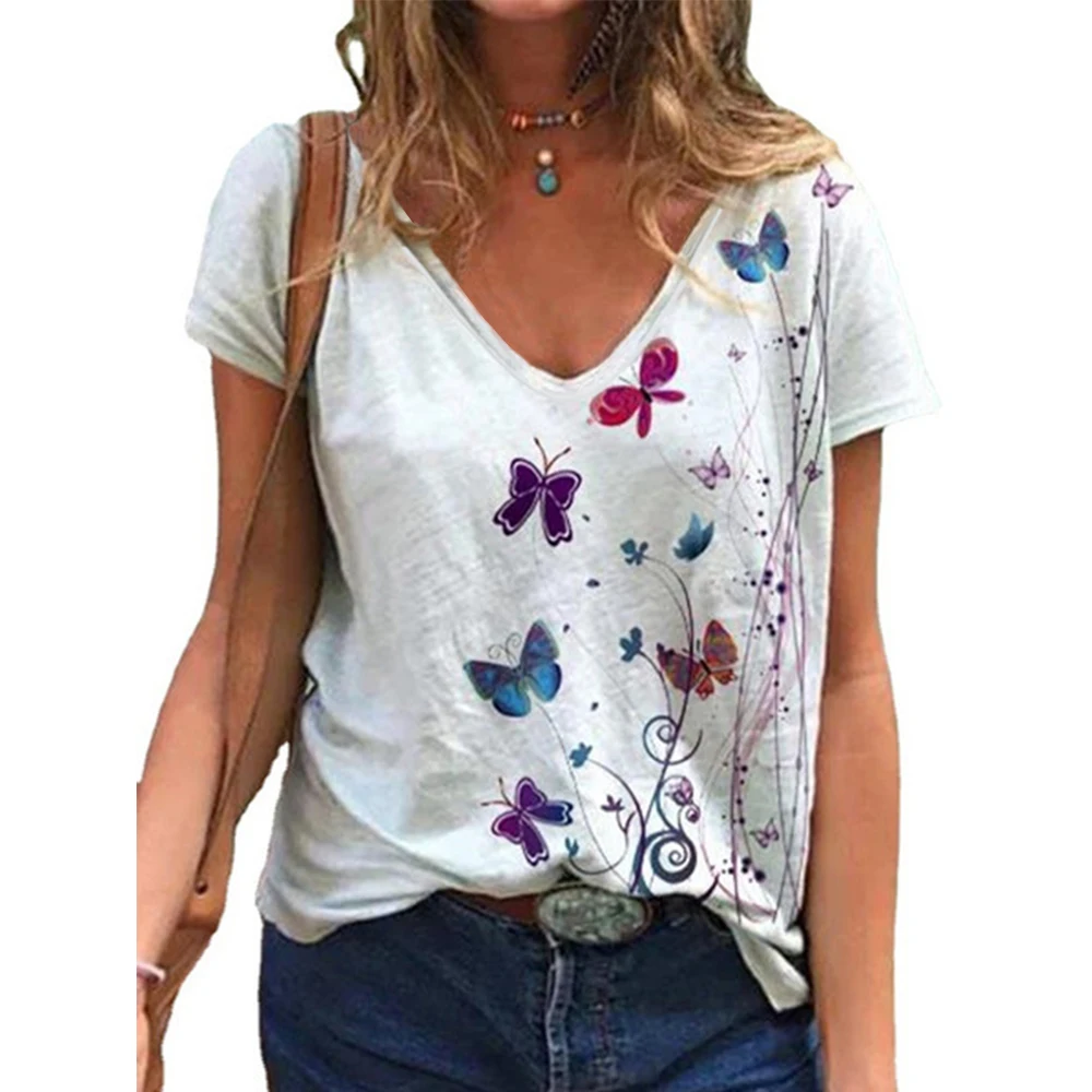 

Women Short Sleeve Printed V-Neck Casual Tops Butterfly Floral Print Tee T-Shirt Summer Loose Harajuku Tee Female Clothing