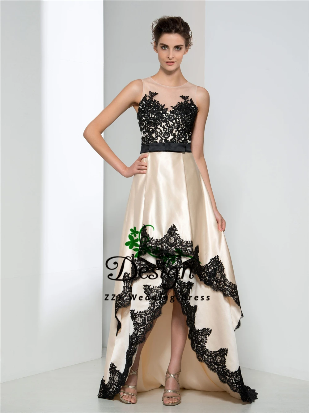 

Simple Beige Satin Scoop Lace Appliques Sashes High-Low Women's Dresses Asymmentric Sweep Train Mother Of Bride Dresses