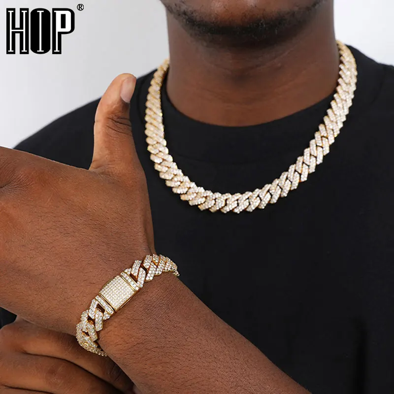 

Hip Hop 19MM 2 Row Heavy Cuban Prong Chain Bling Iced Out Box Buckle Copper Setting AAA+ CZ Gold Chain For Men Jewelry