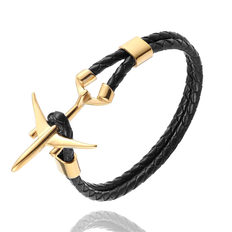 MKENDN Hot Sale Stainless Steel Airplane Anchor Bracelets Men Women Genuine Multilayer Leather Bracelet Freestyle Homme Jewelry