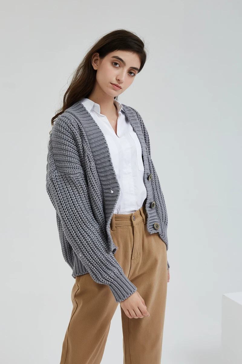 Wixra Knitted Chunky Cardigan Sweater Women Simple Solid Thick Button Clothing Sweater Stylish Tops for Female Autumn Winter