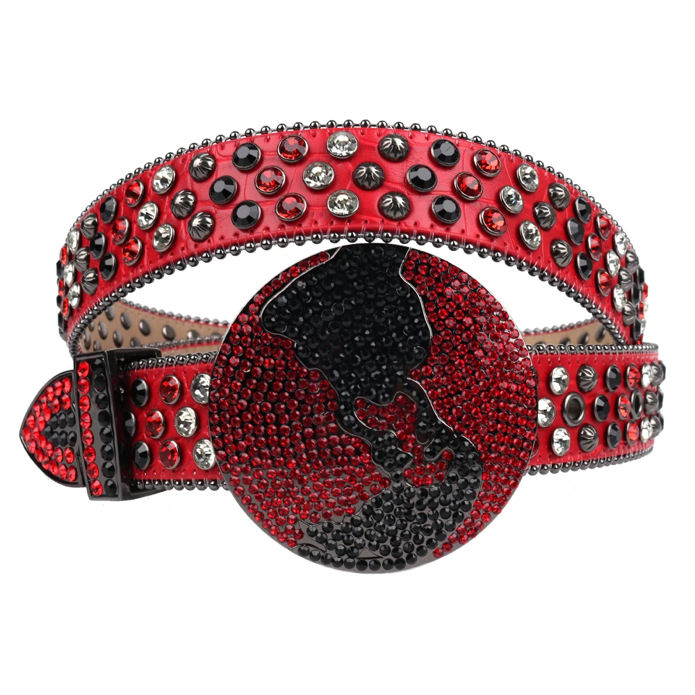 

Fashion Western Red Rhinestones Belts Metal Globe Buckle Casual Diamond Studded Belts Cinturones Para Hombre Sintirones Mujer