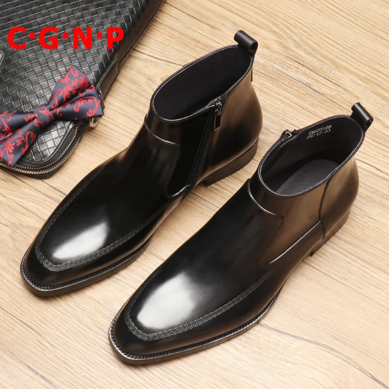 

C·G·N·P New Arrival British Style Mens boots Black Genuine Leather Winter Shoes For Men Fashion Chelsea Boots Dress Shoes