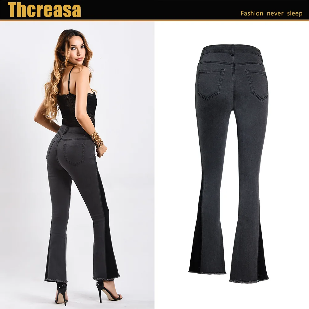 European And American Women's Black Wide Leg Pants Foot Mouth Contrasting Color Cowboy Bell-bottom |