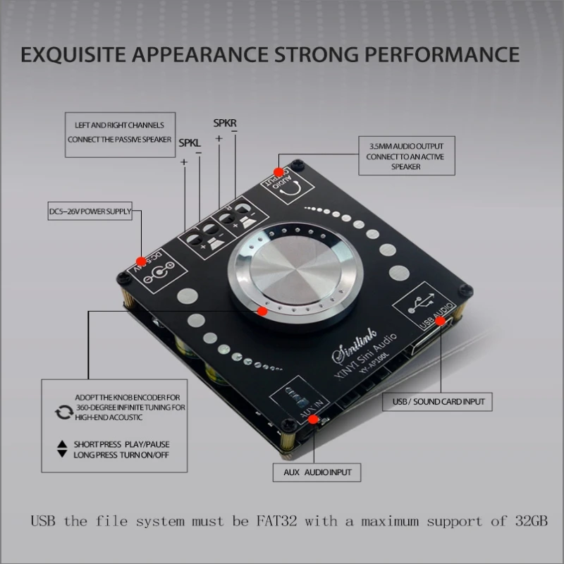 AP100L 100W + Bluetooth 5 0 стерео усилитель плата AUX USB звуковая карта цифровой мощности DC 12V