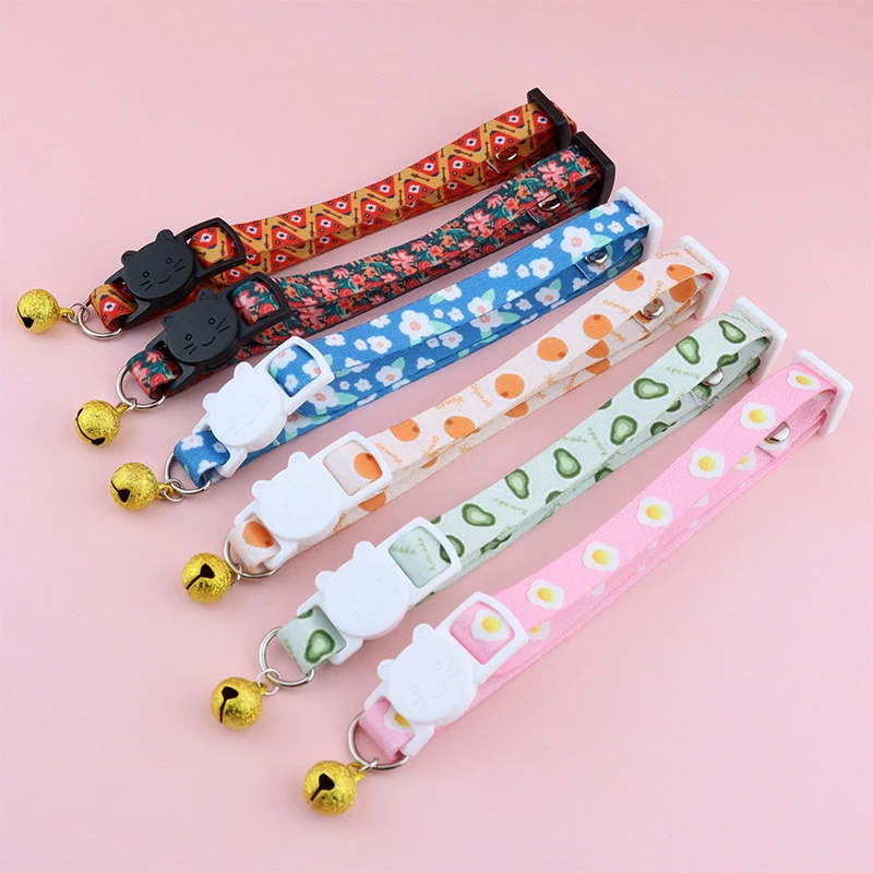 

New Cute Fruit Print Cat Collar With Gold Bell Pendent Pet Dogs Neck Collars Adjustable Kitten Puppy Necklace Pet Accessories