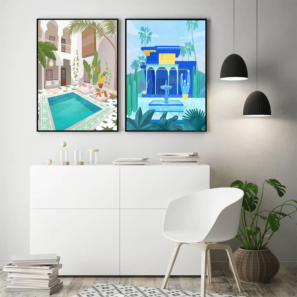 

Travel Posters Morocco Architecture Wall Art Pool Fountain Landscape Canvas Painting Tropical Plants Prints Pictures Home Decor