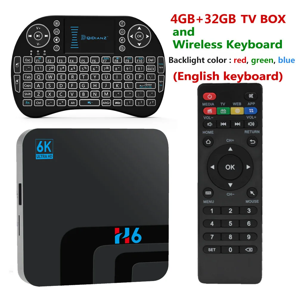 English keyboard Q плюс Смарт ТВ BOX Android 9,0 H6 Quadcore Cortex-A53 4G+ 32G 2,4G WI-FI 6 K H.265 USB 3,0 Neftflix Google Декодер каналов кабельного телевидения - Цвет: English keyboard