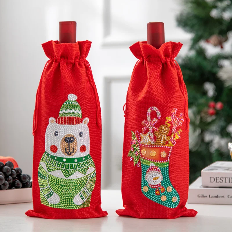 Алмазная живопись Яркий Рождественский винный мешок льняная упаковочная сумка