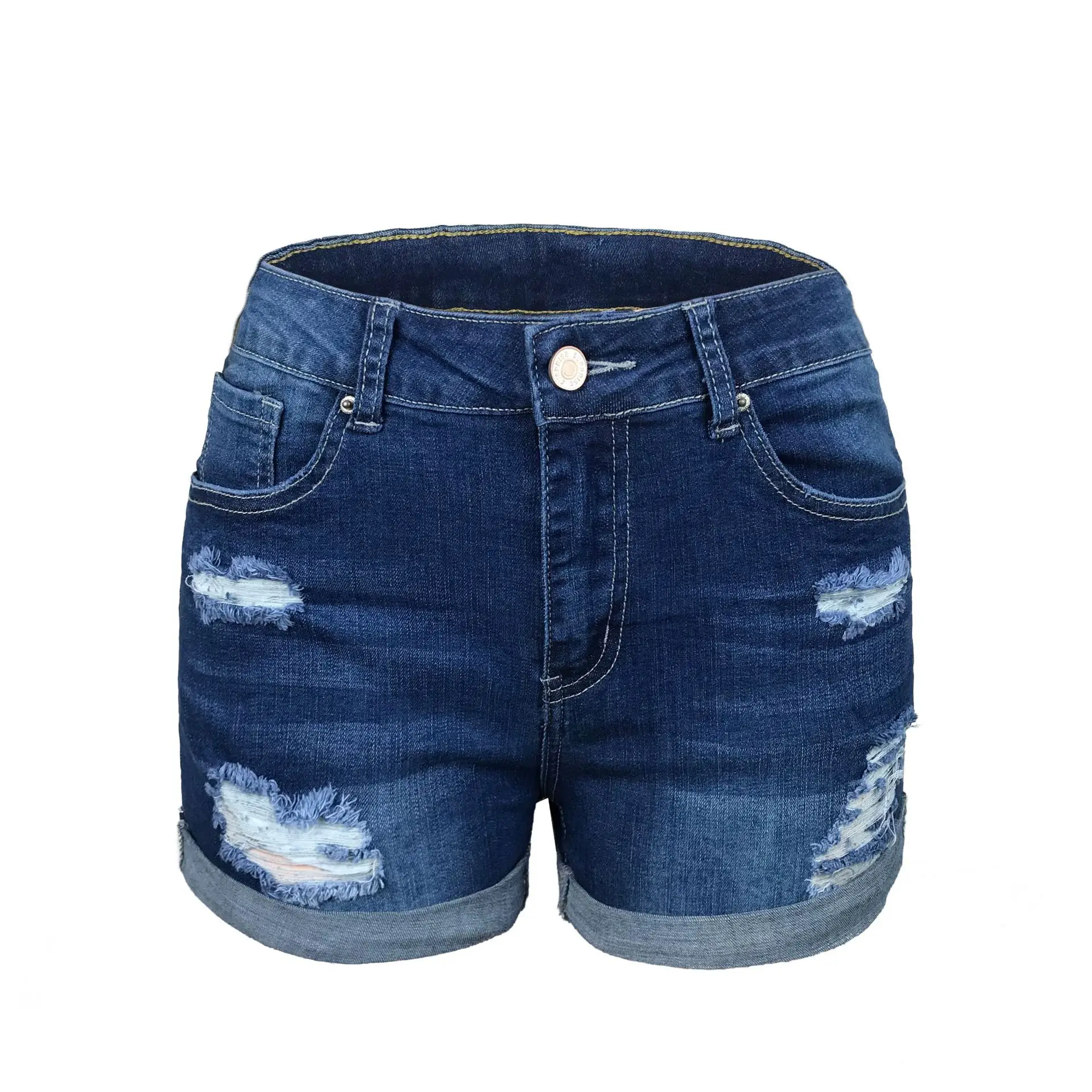 

2021 new women's stretch mid-waist denim shorts with holes