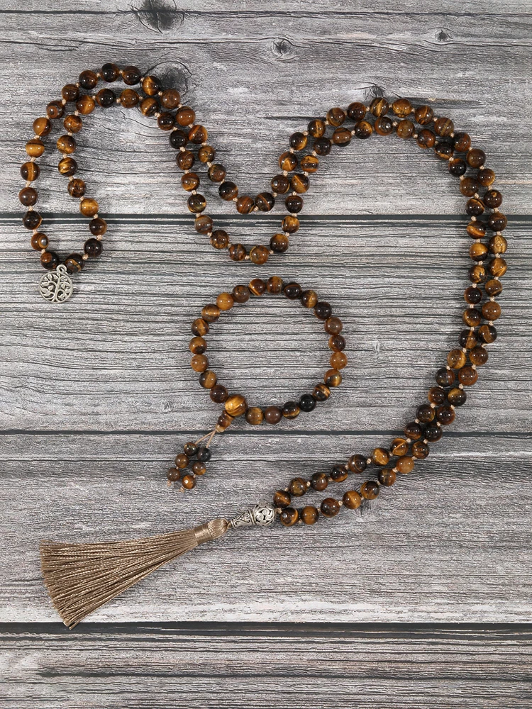 

YUOKIAA Tiger Eye 108 Japamala Necklace & Bracelet Yoga Mala Necklace with Tree of Life Pendant Boho Tassel Meditation Jewelry
