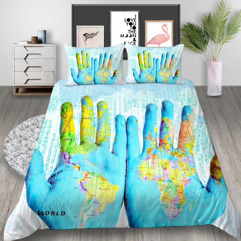 

Thumbedding Big Hands Bedding Set King Creative World Map Duvet Cover Queen Twin Full Single Double Unique Design Bed Set