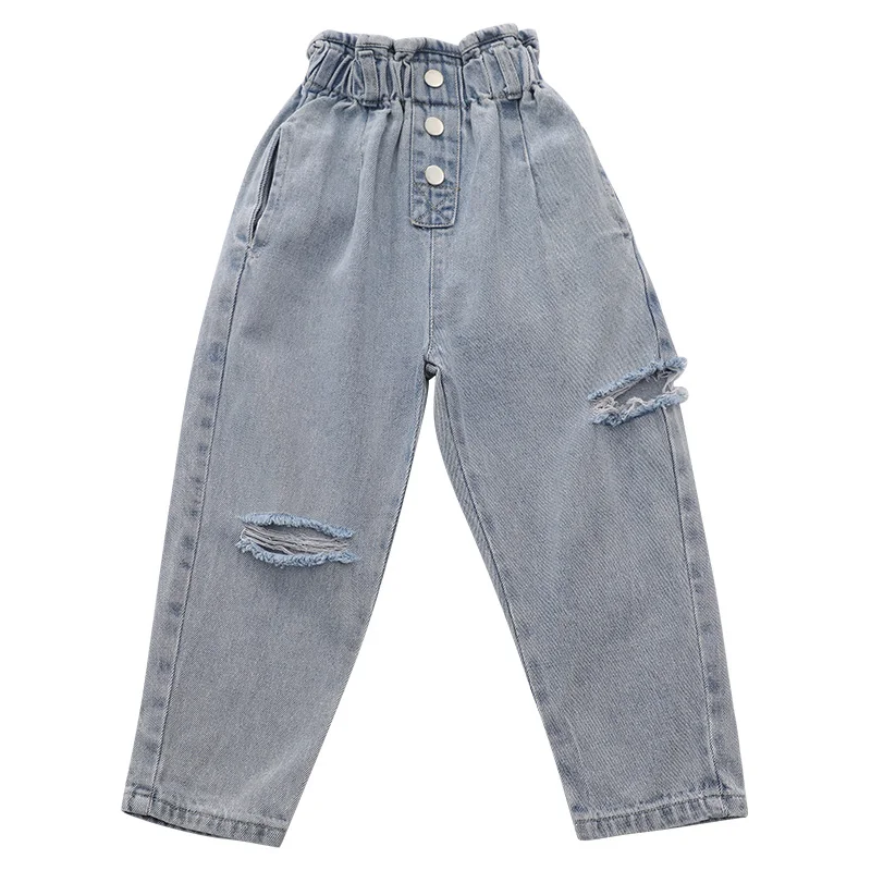 Джинсы с завышенной талией для девочек облегающие рваные брюки повседневные