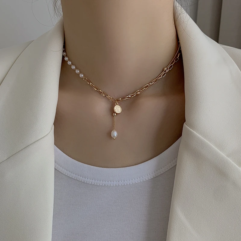 

Real 14K Gold 34+6 Cm Necklace Natural Pearl Jewelry Pendant Women Naszyjnik Collares Mujer Chain Bizuteria 14 K Gold Pendants